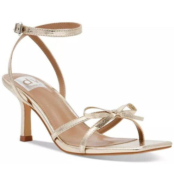 DV Dolce Vita Bow Ankle Strap Sandals Size 8.5 Gold Open Toe Dress Heels - Picture 1 of 8